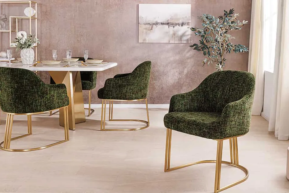 Riess-Ambiente Goldene Möbel|Stühle > Armlehnen Stuhl EXTRAVAGANCIA dunkelgrün Chenillestoff Metall brushed champagner gold