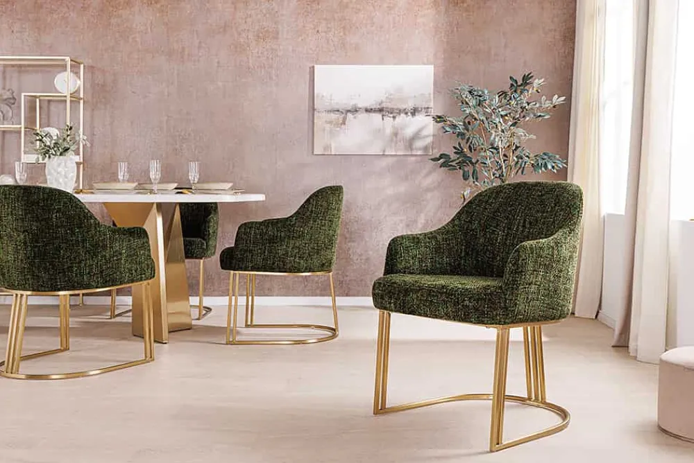Riess-Ambiente Goldene Möbel|Stühle > Armlehnen Stuhl EXTRAVAGANCIA dunkelgrün Chenillestoff Metall brushed champagner gold
