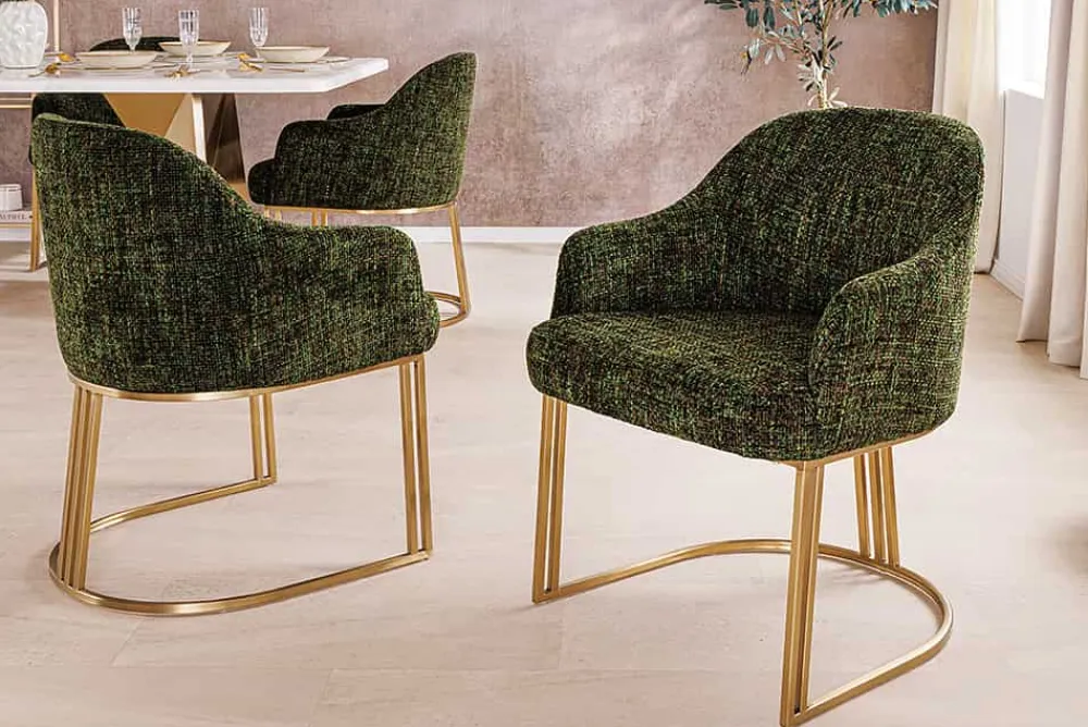 Riess-Ambiente Goldene Möbel|Stühle > Armlehnen Stuhl EXTRAVAGANCIA dunkelgrün Chenillestoff Metall brushed champagner gold