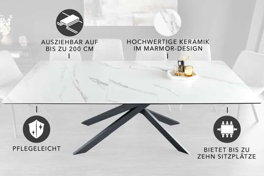 Riess-Ambiente Industrial Loft|Esstische > Ausziehbarer Esstisch ALPINE 160-200cm weiß Keramik Marmor schwarzes Metallgestell