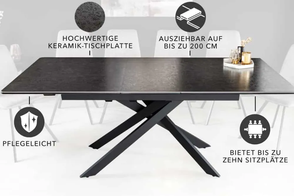 Riess-Ambiente Industrial Loft|Esstische > Ausziehbarer Esstisch ALPINE 160-200cm anthrazit Keramik schwarzes Metallgestell