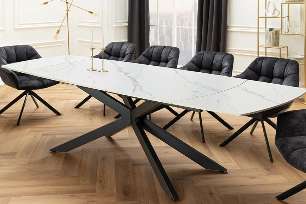 Riess-Ambiente Esstische > Ausziehbarer Esstisch COSMOS 160-240cm weiß Keramik schwarzes Metallgestell