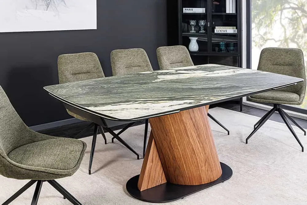Riess-Ambiente Esstische > Ausziehbarer Esstisch ELEMENTS 180-260cm taupe grau spanische Keramik Walnuss Gestell