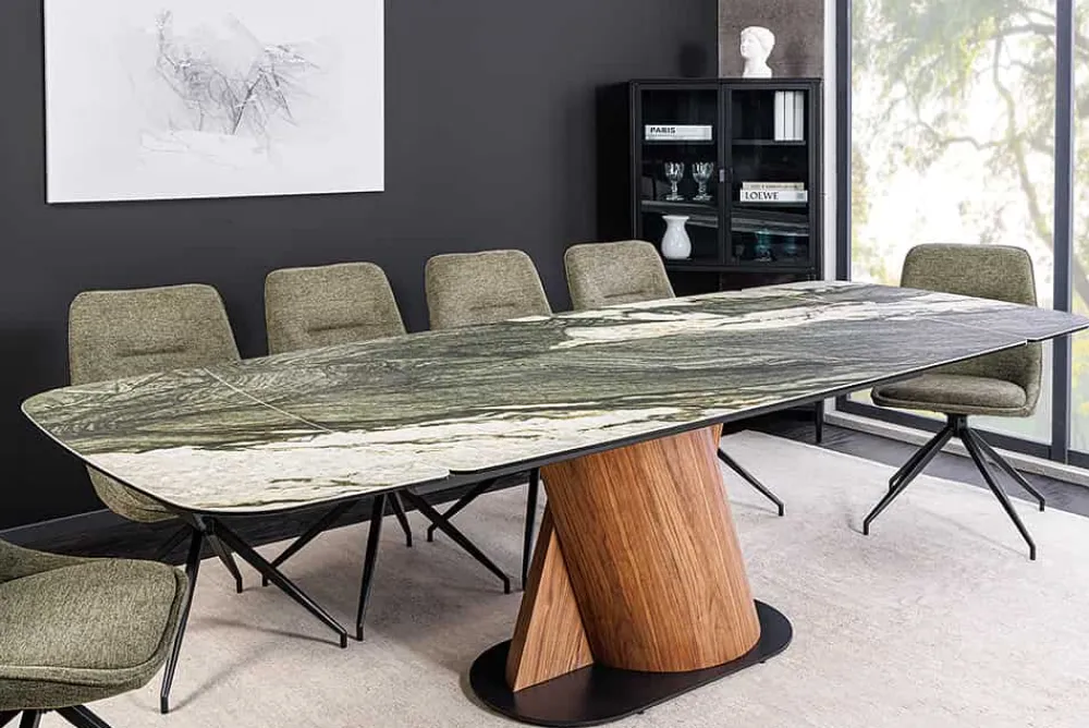 Riess-Ambiente Esstische > Ausziehbarer Esstisch ELEMENTS 180-260cm taupe grau spanische Keramik Walnuss Gestell