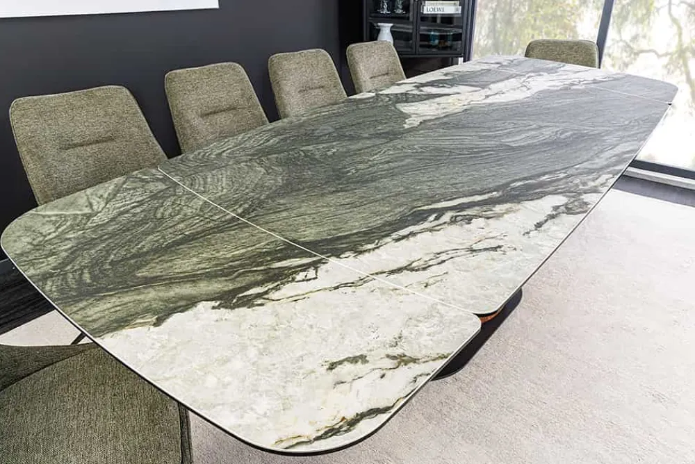 Riess-Ambiente Esstische > Ausziehbarer Esstisch ELEMENTS 180-260cm taupe grau spanische Keramik Walnuss Gestell