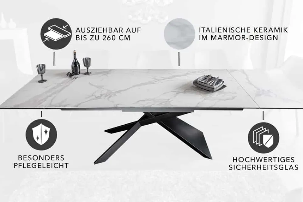 Riess-Ambiente Industrial Loft|Esstische > Ausziehbarer Esstisch EUPHORIA 180-220-260cm Marmor weiß Keramik made in Italy