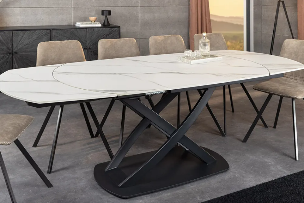 Riess-Ambiente Esstische > Ausziehbarer Esstisch INCEPTION 130-190cm weiß Marmor Keramik schwarzes Metallgestell