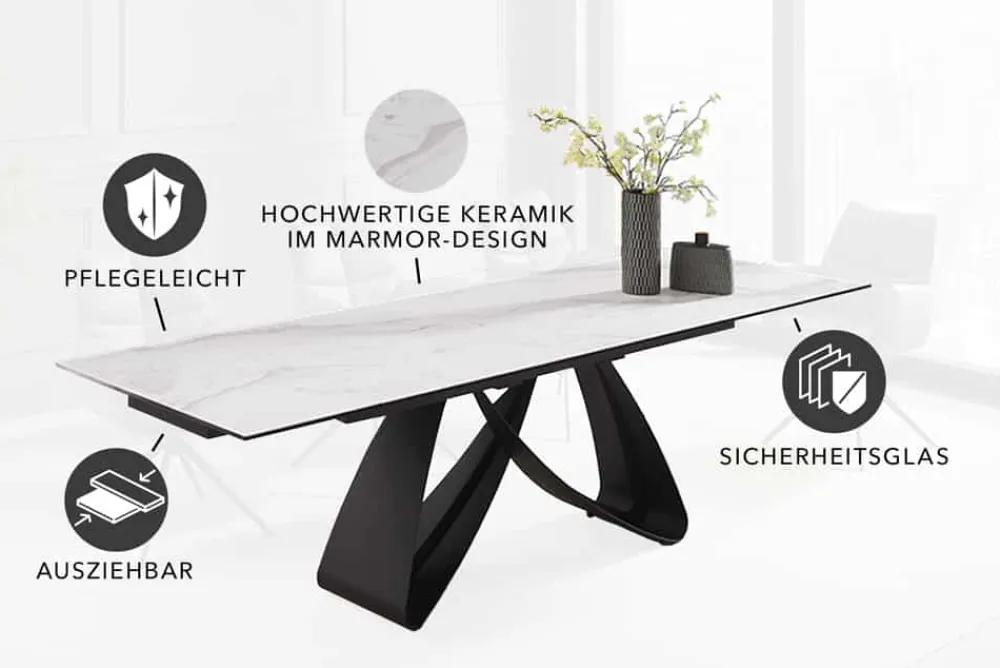 Riess-Ambiente Industrial Loft|Esstische > Ausziehbarer Esstisch INFINITY 180-260cm weiß Keramik Marmor schwarz Metall