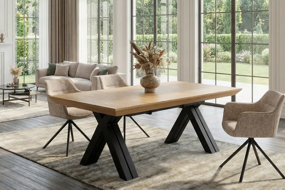 Riess-Ambiente Industrial Loft|Esstische > Ausziehbarer Esstisch LA FAMILIA 200-500cm natur Eichenholz schwarz Metall X-Gestell