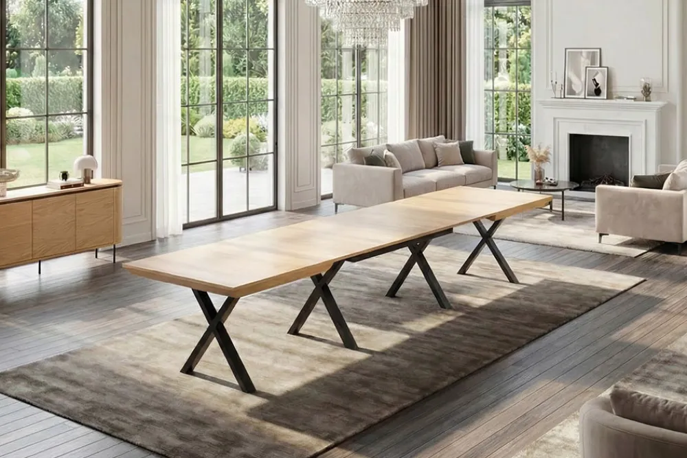 Riess-Ambiente Industrial Loft|Esstische > Ausziehbarer Esstisch LA FAMILIA 200-500cm natur Eichenholz schwarz Metall X-Gestell