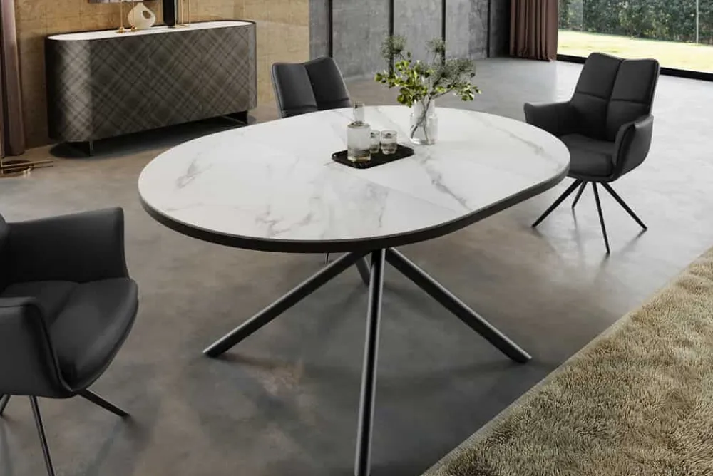 Riess-Ambiente Industrial Loft|Esstische > Ausziehbarer Esstisch MIKADO 120-160cm weiß Keramik oval schwarz Sterngestell