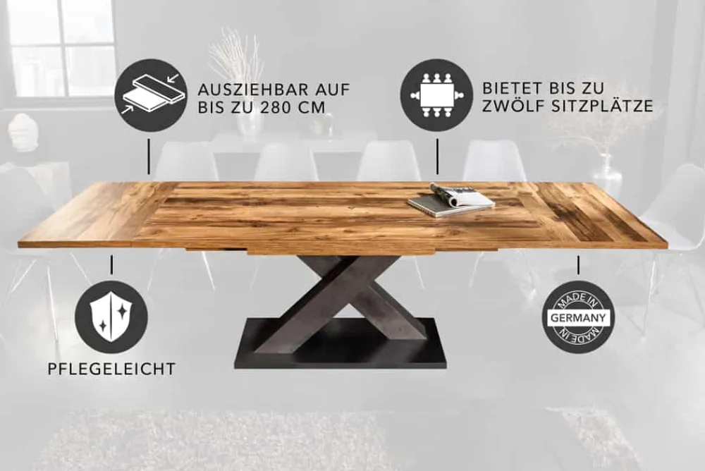 Riess-Ambiente Industrial Loft|Esstische > Ausziehbarer Esstisch MONTREAL 180-280cm natur Plankeneiche Holz-Design Schwarzstahl