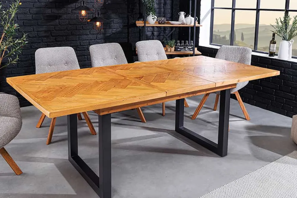 Riess-Ambiente Mehr...|Massivholzesstische > Ausziehbarer Esstisch MOSAIK 160-200cm braun Pinie recyceltes Massivholz Metall schwarz
