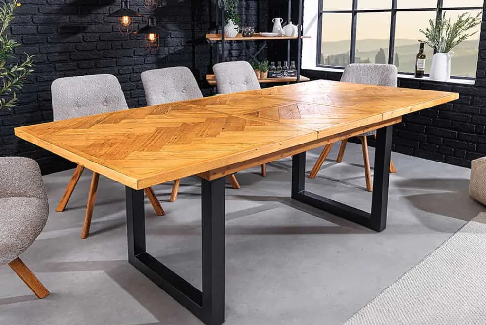 Riess-Ambiente Mehr...|Massivholzesstische > Ausziehbarer Esstisch MOSAIK 160-200cm braun Pinie recyceltes Massivholz Metall schwarz