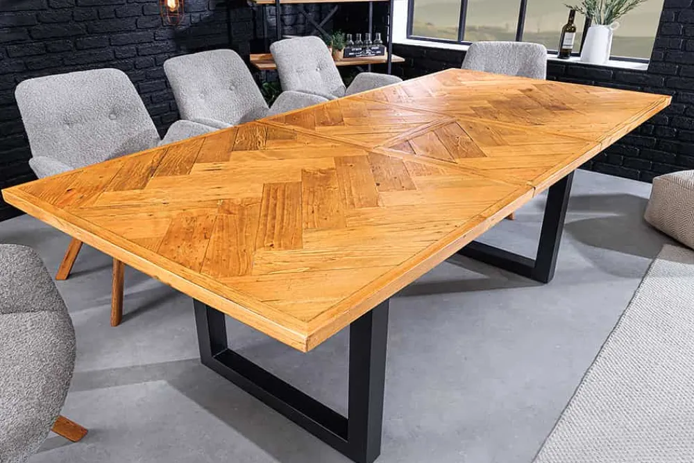 Riess-Ambiente Mehr...|Massivholzesstische > Ausziehbarer Esstisch MOSAIK 160-200cm braun Pinie recyceltes Massivholz Metall schwarz