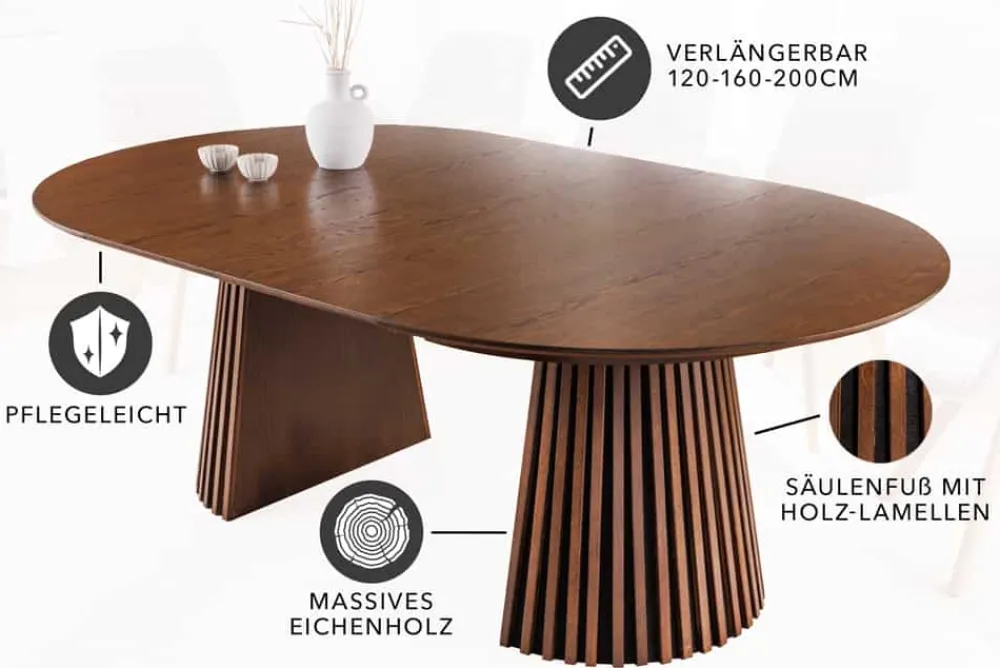 Riess-Ambiente Skandinavisch|Esstische > Ausziehbarer Esstisch VALHALLA WOOD 120-160-200cm smoked braun Eichenholz Säulenfuß