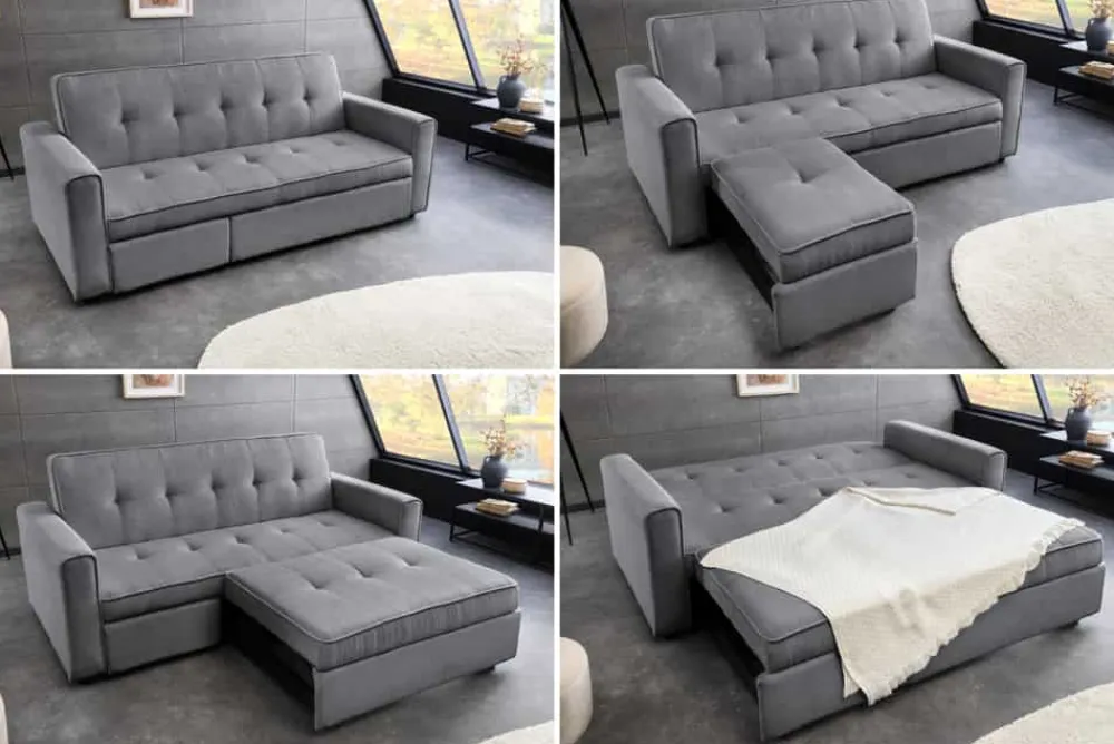 Riess-Ambiente 2-Sitzer Sofa|Retro Möbel > Ausziehbares Schlafsofa SMART 180cm grau Cord 2-Sitzer Couch mit Nosagfederung