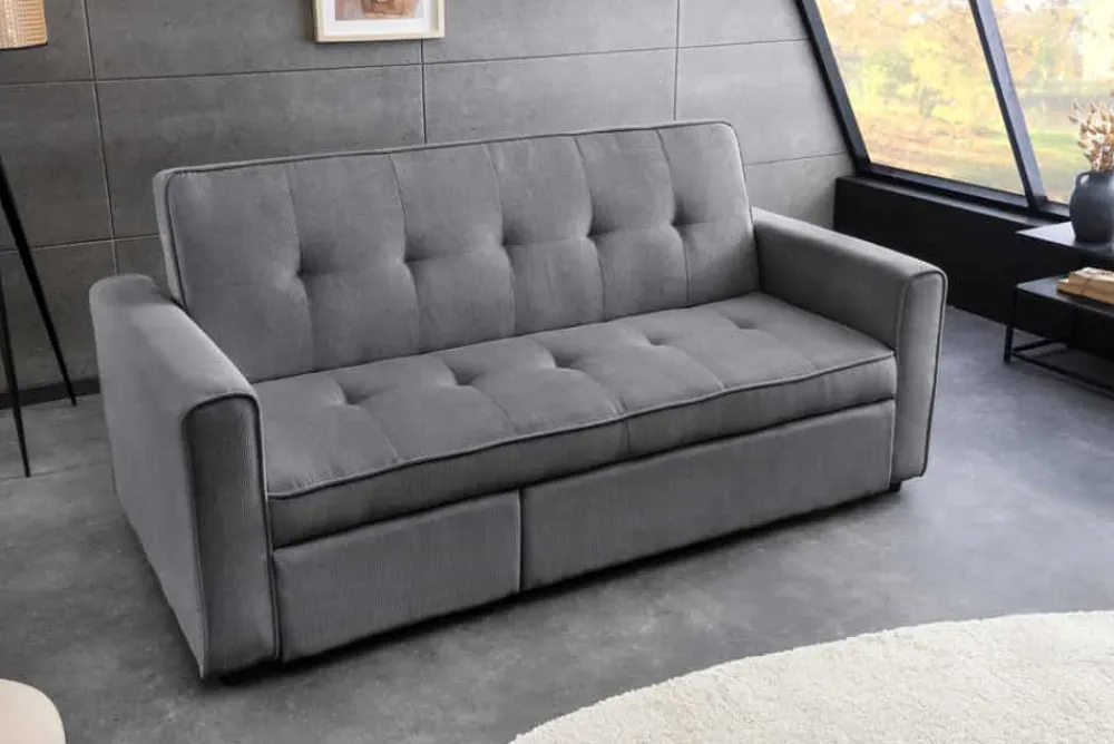 Riess-Ambiente 2-Sitzer Sofa|Retro Möbel > Ausziehbares Schlafsofa SMART 180cm grau Cord 2-Sitzer Couch mit Nosagfederung