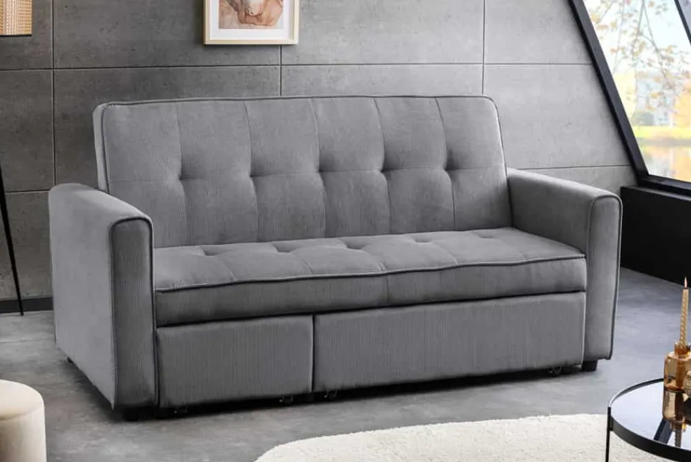 Riess-Ambiente 2-Sitzer Sofa|Retro Möbel > Ausziehbares Schlafsofa SMART 180cm grau Cord 2-Sitzer Couch mit Nosagfederung