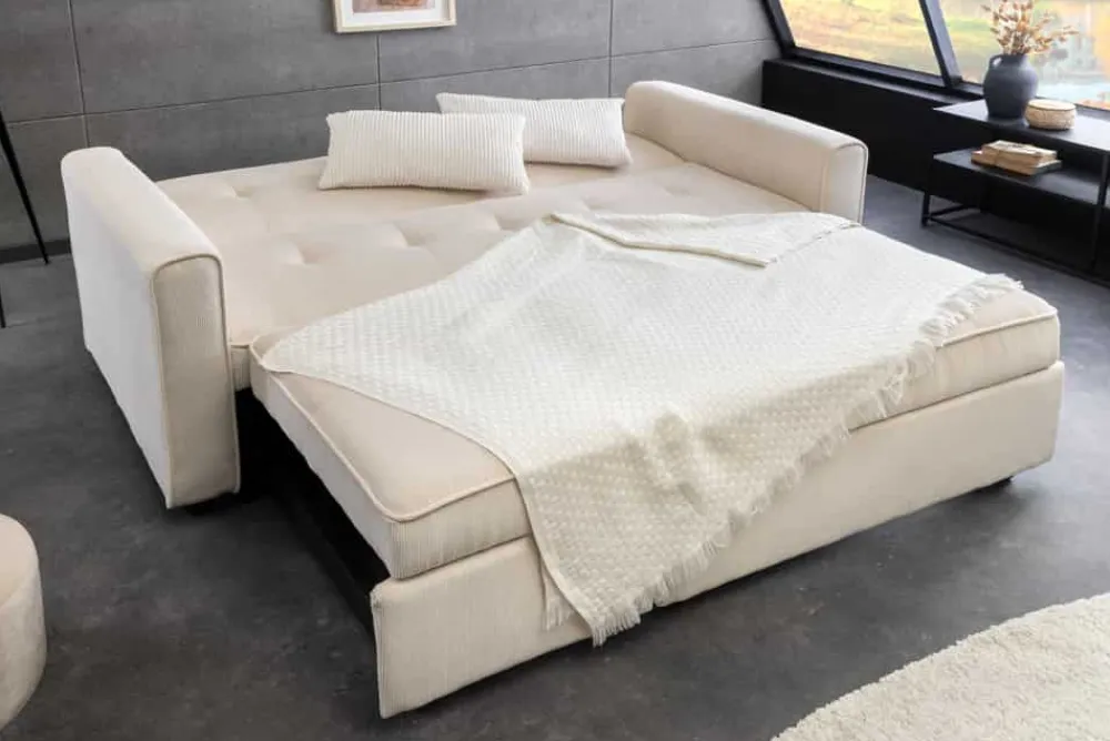 Riess-Ambiente 2-Sitzer Sofa|Retro Möbel > Ausziehbares Schlafsofa SMART 180cm beige Cord 2-Sitzer Couch mit Nosagfederung