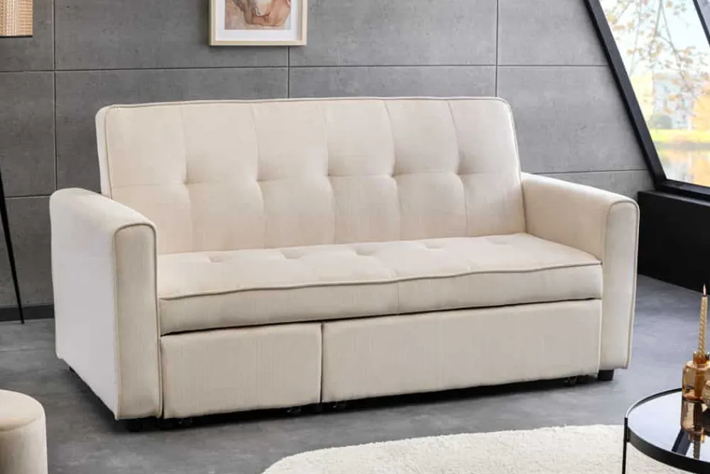 Riess-Ambiente 2-Sitzer Sofa|Retro Möbel > Ausziehbares Schlafsofa SMART 180cm beige Cord 2-Sitzer Couch mit Nosagfederung