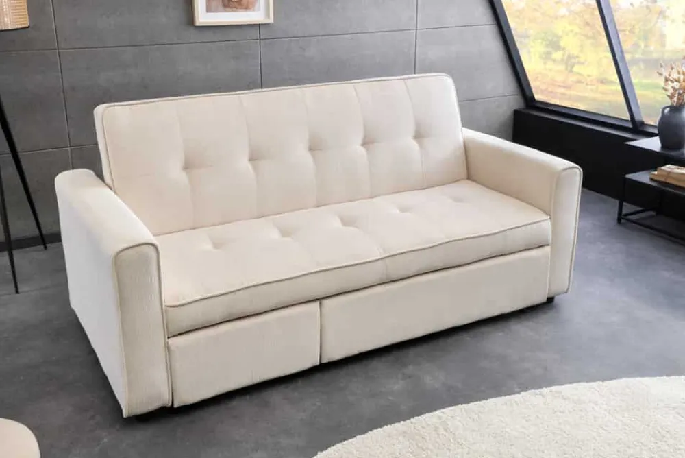 Riess-Ambiente 2-Sitzer Sofa|Retro Möbel > Ausziehbares Schlafsofa SMART 180cm beige Cord 2-Sitzer Couch mit Nosagfederung