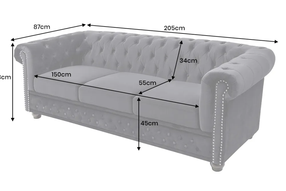 Riess-Ambiente Samt Möbel|3-Sitzer Sofa > Barock Sofa CHESTERFIELD 205cm schwarz Samt Federkern Knopfheftung 3-Sitzer Couch