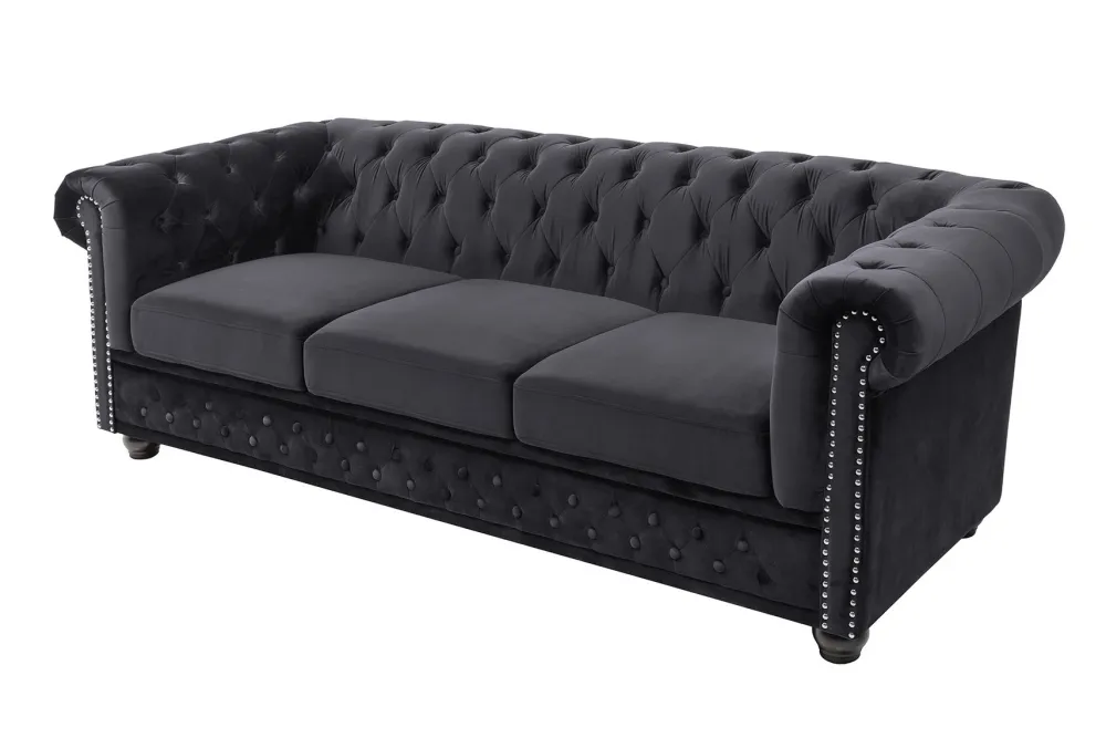 Riess-Ambiente Samt Möbel|3-Sitzer Sofa > Barock Sofa CHESTERFIELD 205cm schwarz Samt Federkern Knopfheftung 3-Sitzer Couch