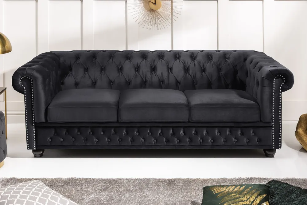 Riess-Ambiente Samt Möbel|3-Sitzer Sofa > Barock Sofa CHESTERFIELD 205cm schwarz Samt Federkern Knopfheftung 3-Sitzer Couch
