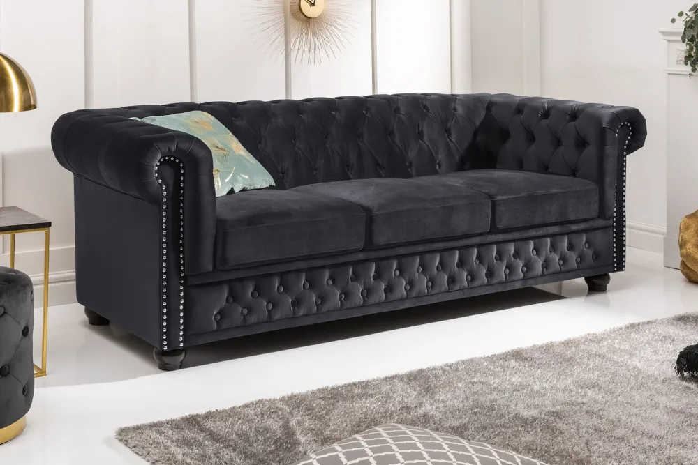 Riess-Ambiente Samt Möbel|3-Sitzer Sofa > Barock Sofa CHESTERFIELD 205cm schwarz Samt Federkern Knopfheftung 3-Sitzer Couch