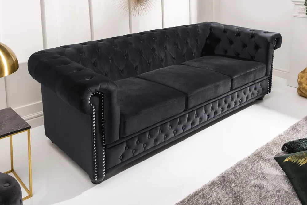 Riess-Ambiente Samt Möbel|3-Sitzer Sofa > Barock Sofa CHESTERFIELD 205cm schwarz Samt Federkern Knopfheftung 3-Sitzer Couch