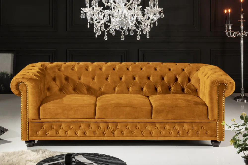 Riess-Ambiente Samt Möbel|3-Sitzer Sofa > Barock Sofa CHESTERFIELD 205cm senfgelb Samt Federkern Knopfheftung 3-Sitzer Couch