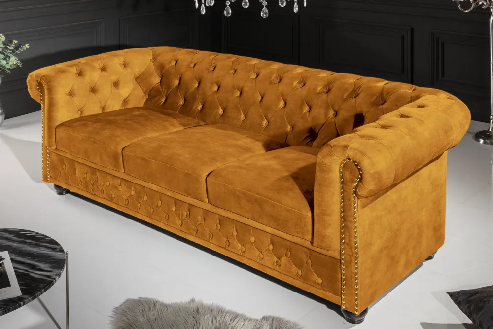 Riess-Ambiente Samt Möbel|3-Sitzer Sofa > Barock Sofa CHESTERFIELD 205cm senfgelb Samt Federkern Knopfheftung 3-Sitzer Couch
