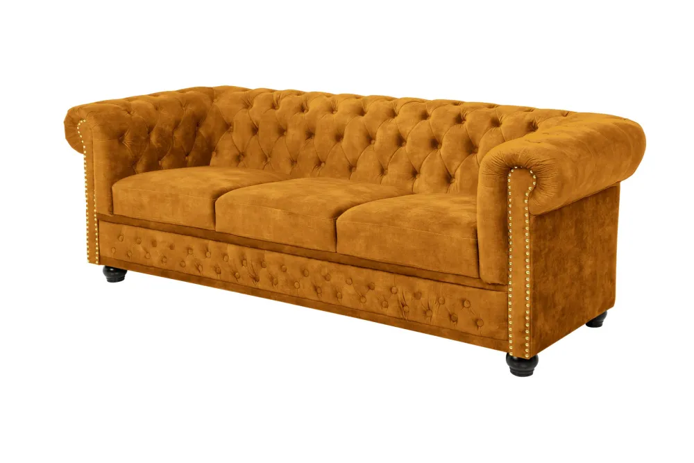 Riess-Ambiente Samt Möbel|3-Sitzer Sofa > Barock Sofa CHESTERFIELD 205cm senfgelb Samt Federkern Knopfheftung 3-Sitzer Couch