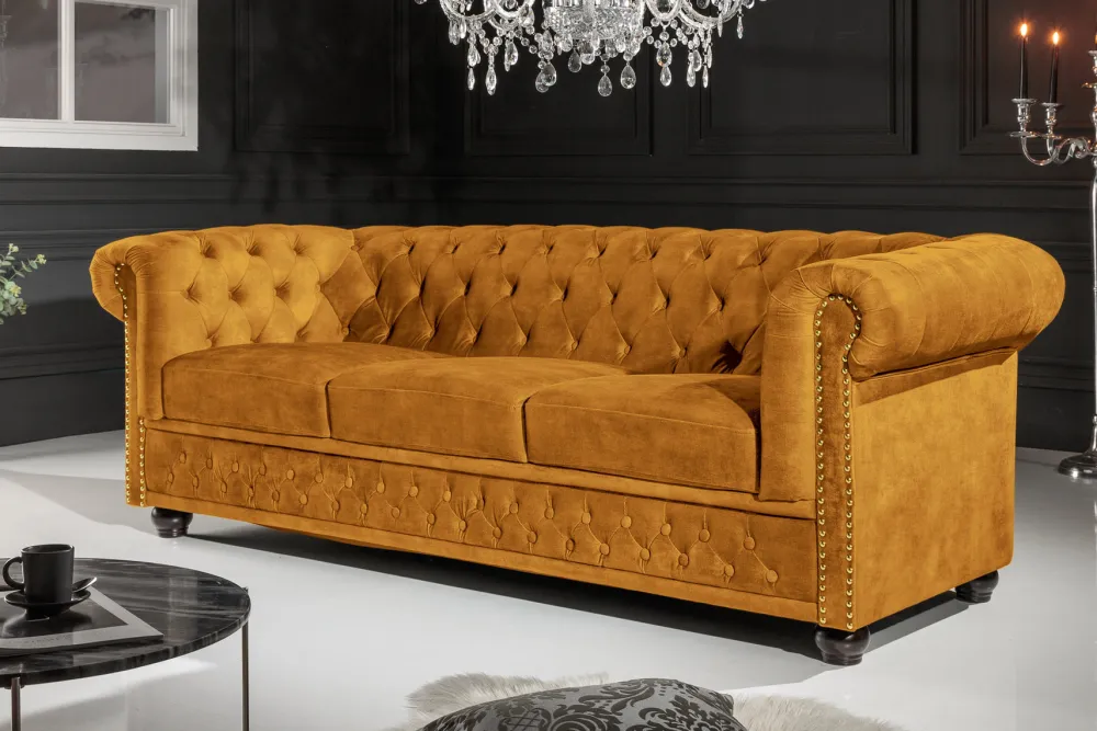 Riess-Ambiente Samt Möbel|3-Sitzer Sofa > Barock Sofa CHESTERFIELD 205cm senfgelb Samt Federkern Knopfheftung 3-Sitzer Couch