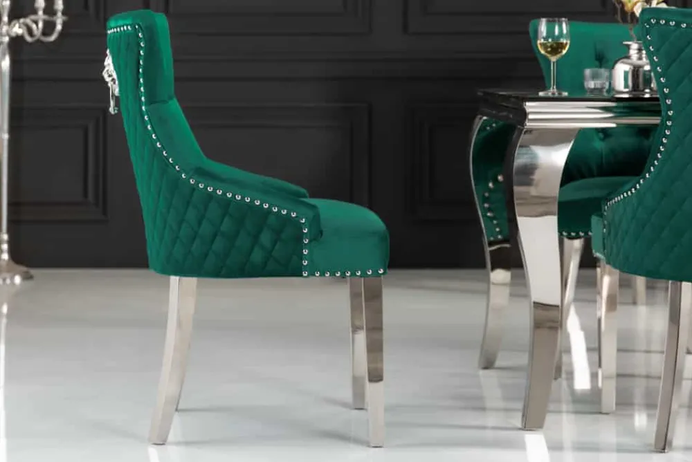 Riess-Ambiente Stühle|Samt Möbel > Barock Stuhl CASTLE DELUXE smaragdgrün Samt Edelstahl Löwenkopf