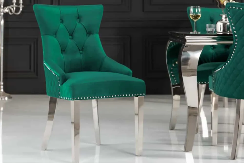 Riess-Ambiente Stühle|Samt Möbel > Barock Stuhl CASTLE DELUXE smaragdgrün Samt Edelstahl Löwenkopf