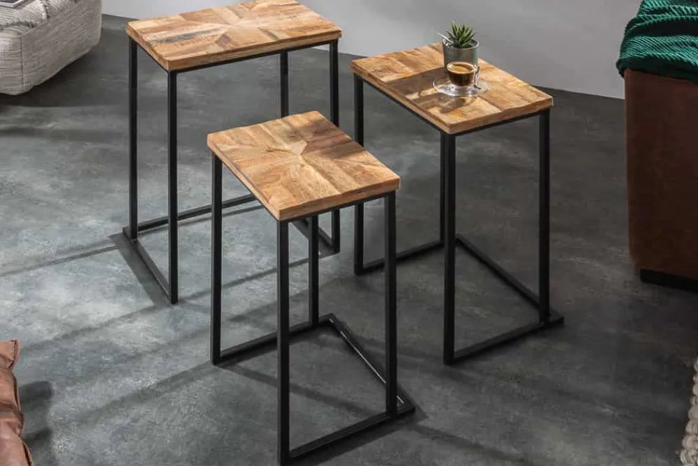 Riess-Ambiente Beistelltische|Mehr... > Beistelltisch 3er Set INDUSTRIAL 65cm Mangoholz handmade Mosaik schwarzes Metallgestell massiv
