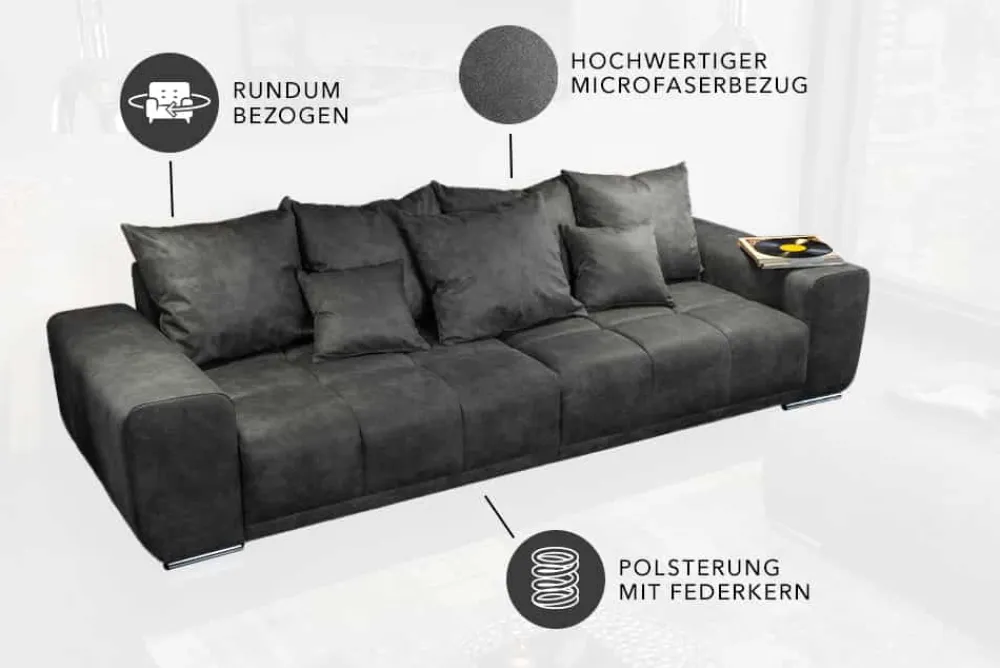 Riess-Ambiente Xxl Sofa > Big Sofa ELEGANCIA 285cm grau Microfaser XXL Couch inkl. Kissen Federkern
