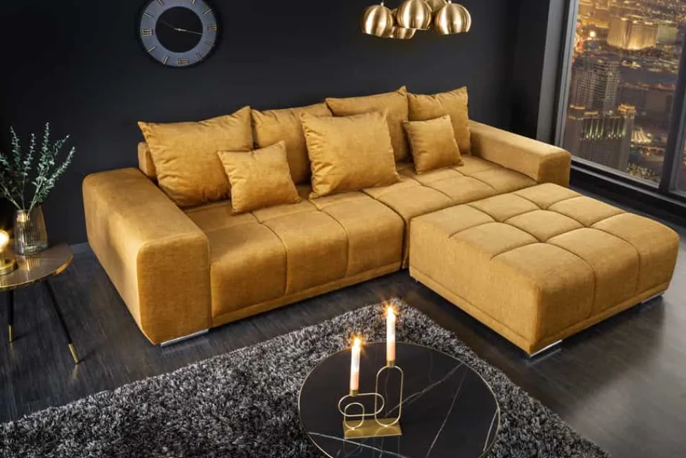 Riess-Ambiente Xxl Sofa|Samt Möbel > Big Sofa ELEGANCIA 285cm senfgelb Vogue Velours Samt XXL Couch inkl. Kissen Federkern