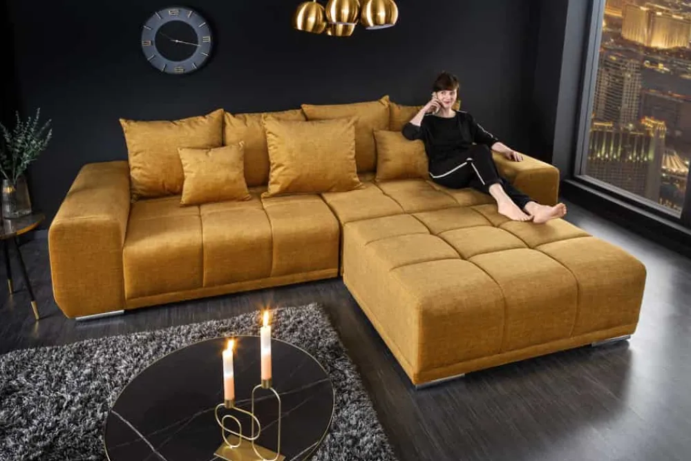 Riess-Ambiente Xxl Sofa|Samt Möbel > Big Sofa ELEGANCIA 285cm senfgelb Vogue Velours Samt XXL Couch inkl. Kissen Federkern