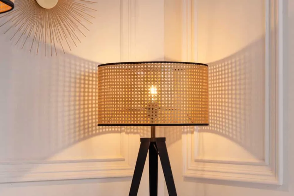 Riess-Ambiente Goldene Möbel|Skandinavisch > Boho Stehlampe VIENNA 142cm natur schwarz Wiener Geflecht Metall Dreifuß Stehleuchte