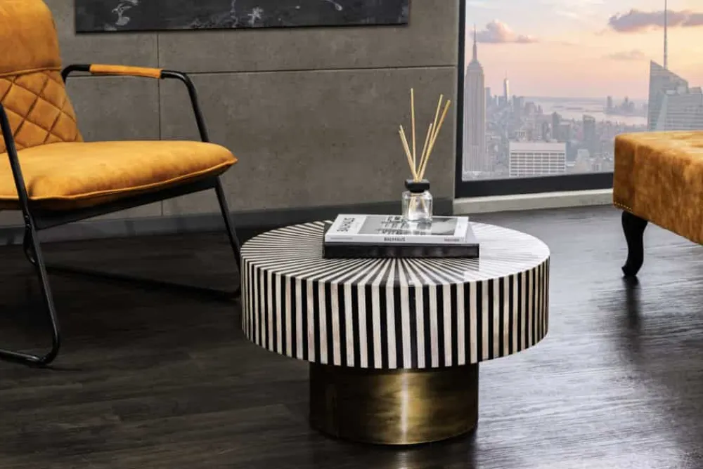 Riess-Ambiente Couchtische & Truhen > Bone Inlay Couchtisch HARMONY NATURE 60cm rund schwarz weiß gold Intarsien Kunsthandwerk