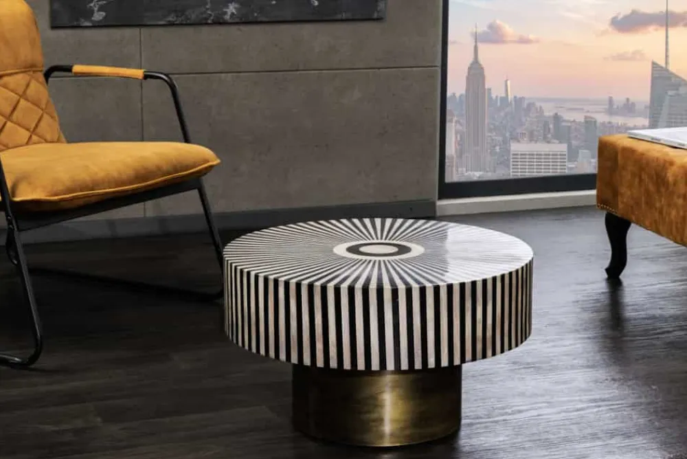 Riess-Ambiente Couchtische & Truhen > Bone Inlay Couchtisch HARMONY NATURE 60cm rund schwarz weiß gold Intarsien Kunsthandwerk