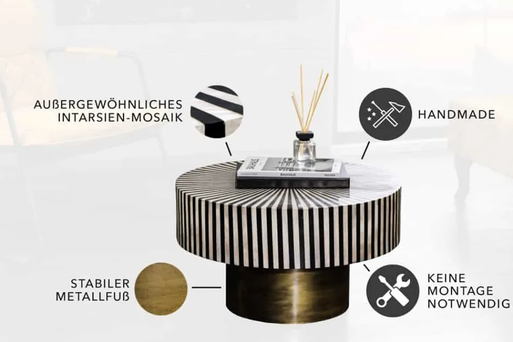 Riess-Ambiente Couchtische & Truhen > Bone Inlay Couchtisch HARMONY NATURE 60cm rund schwarz weiß gold Intarsien Kunsthandwerk