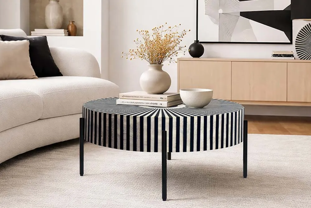 Riess-Ambiente Couchtische & Truhen > Bone Inlay Couchtisch HARMONY NATURE 65cm schwarz weiß Intarsien Kunsthandwerk