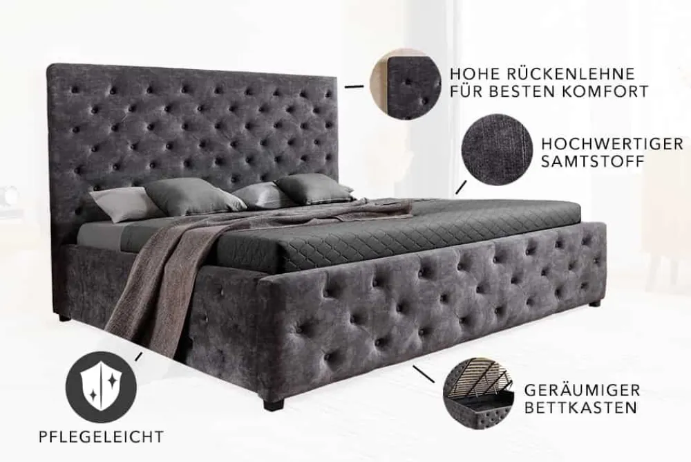 Riess-Ambiente Boxbetten|Samt Möbel > Boxbett PARIS 180x200cm grau Samt mit Stauraum und Lattenrost