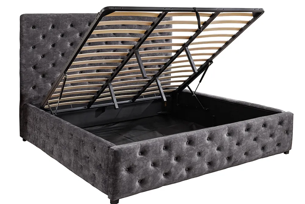 Riess-Ambiente Boxbetten|Samt Möbel > Boxbett PARIS 180x200cm grau Samt mit Stauraum und Lattenrost