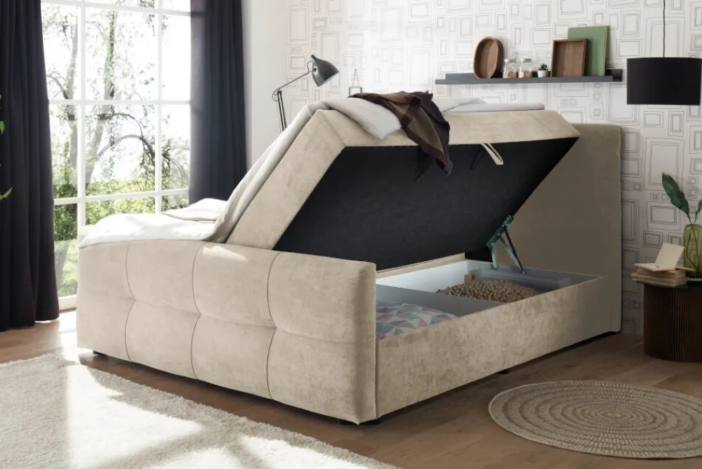 Riess-Ambiente Boxspringbetten > Boxspringbett TOULOUSE 160x200cm beige Microfaser inkl. Matratze Topper Stauraum