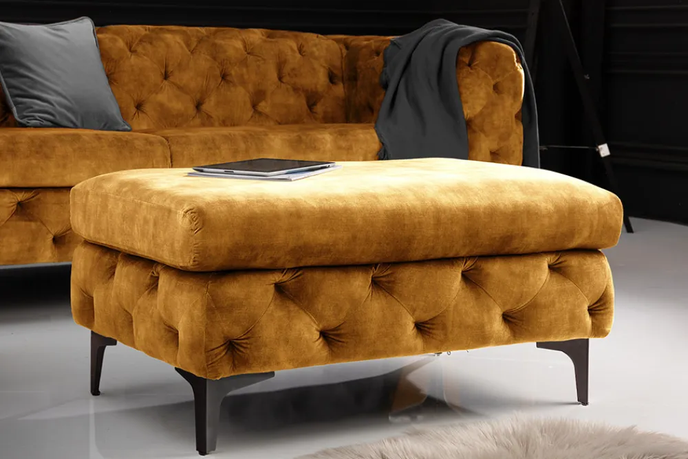 Riess-Ambiente Sitzhocker|Samt Möbel > Chesterfield Hocker MODERN BAROCK 90cm senfgelb Samt Sitzhocker Fußhocker